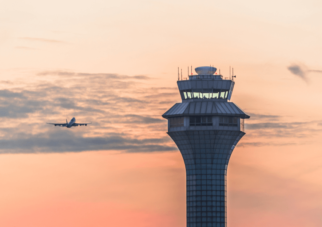 Control tower and airplane